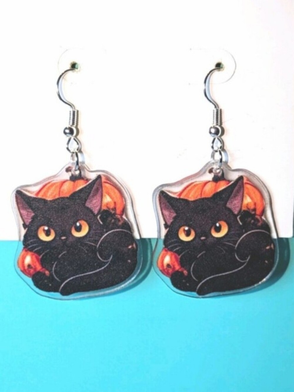 Cute Black Cat & Pumpkin Dangle Earrings - Charming Cat Jewelry